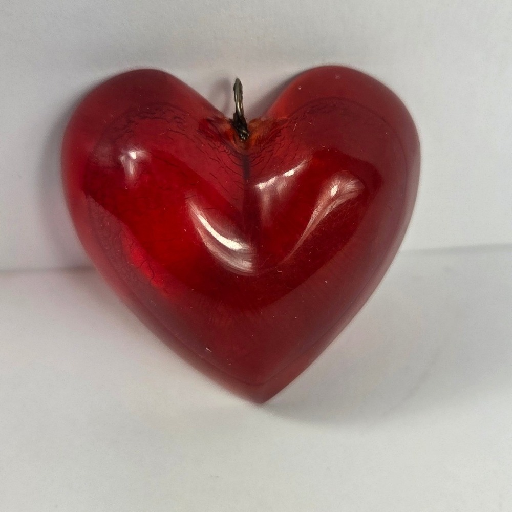 Vintage Red Resin Puff Heart Pendant Translucent Ruby Love Charm 1 Inch